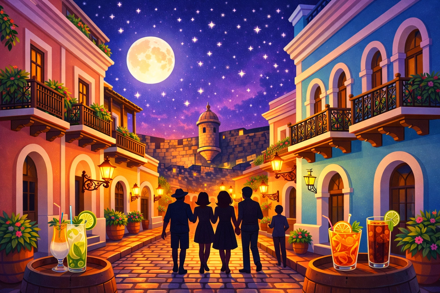 Cobblestone streets of Old San Juan illuminated by lanterns at night