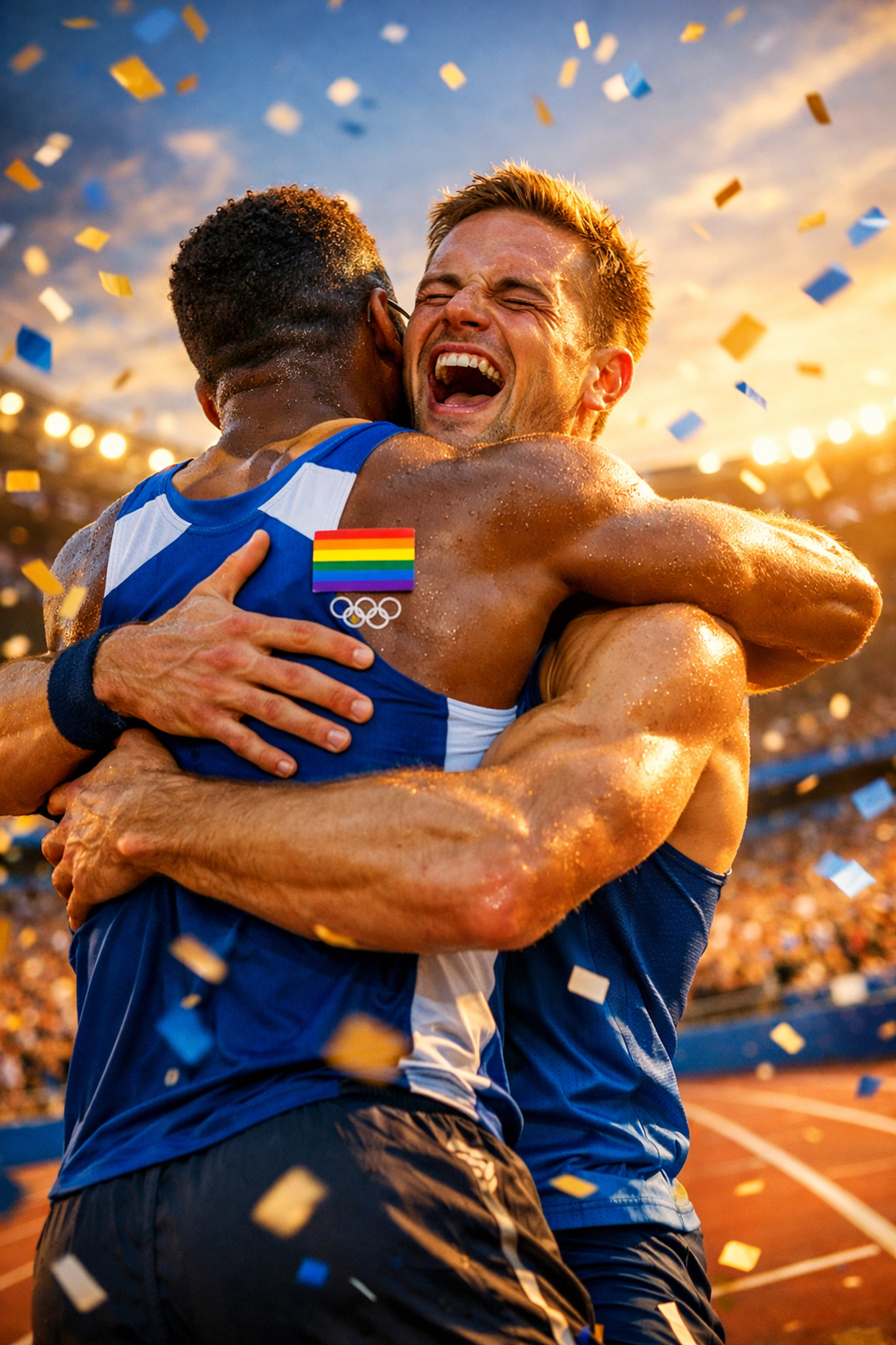 Two male Olympic athletes embracing in celebration on track with rainbow pride pin and confetti