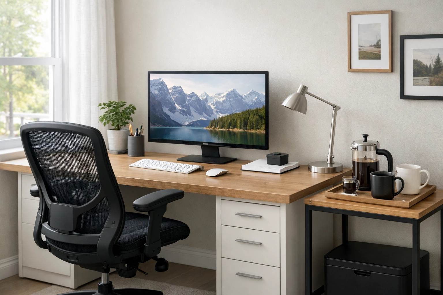 Home office workspace with coffee station showing proper tax deduction setup