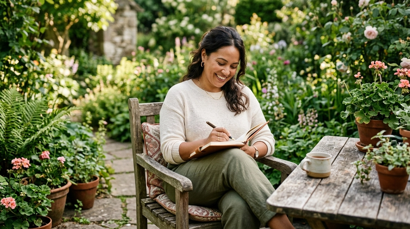 A professional woman with a curvy body shape, possibly Asian or mixed race, sitting in a beautiful outdoor garden workspace and writing in a luxury journal, captured in a relaxed, authentic pose with a premium casual elegant lifestyle feel.