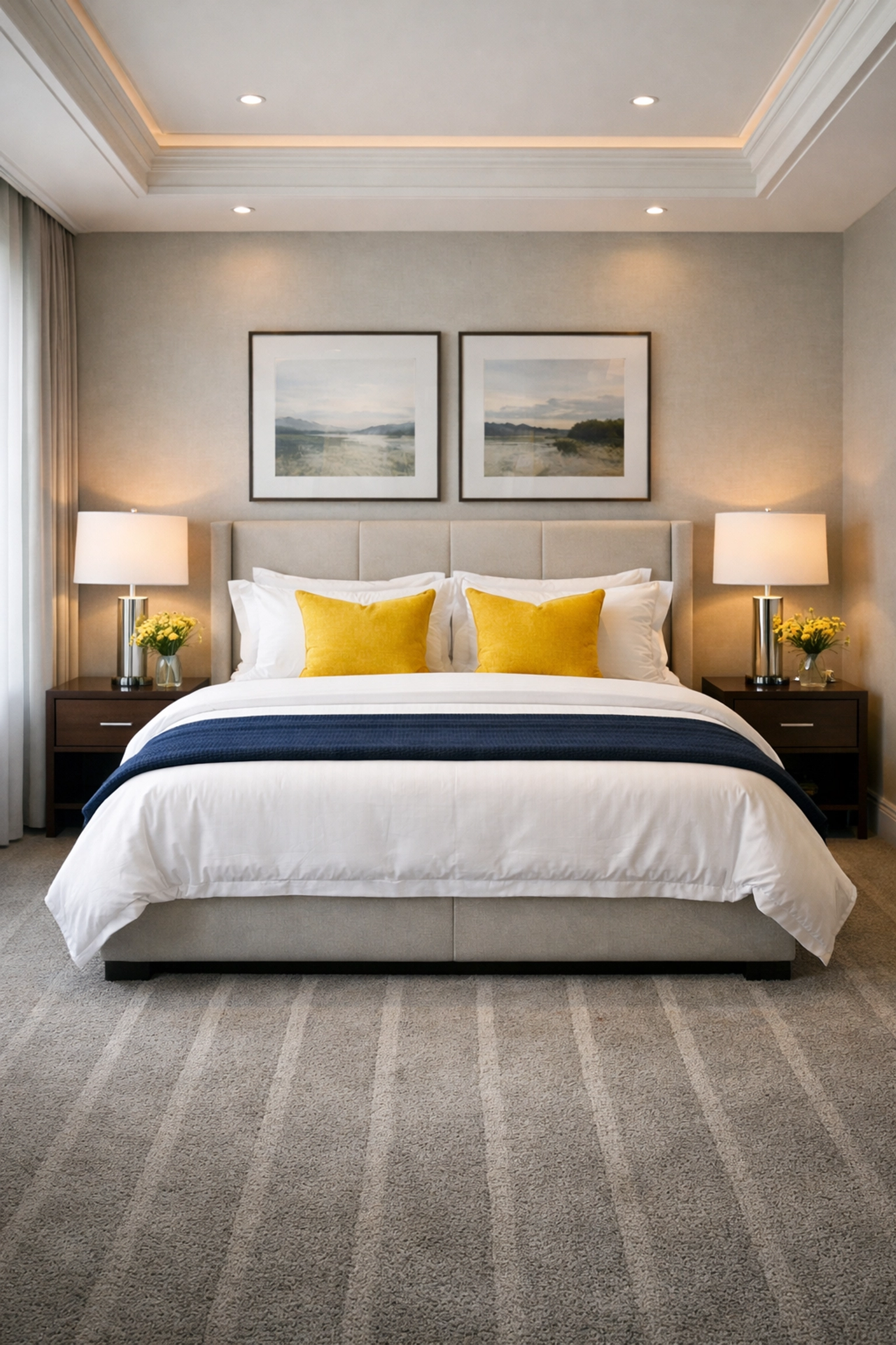 A clean bedroom sanctuary with fresh linens and vacuumed carpet from a professional house cleaning service.