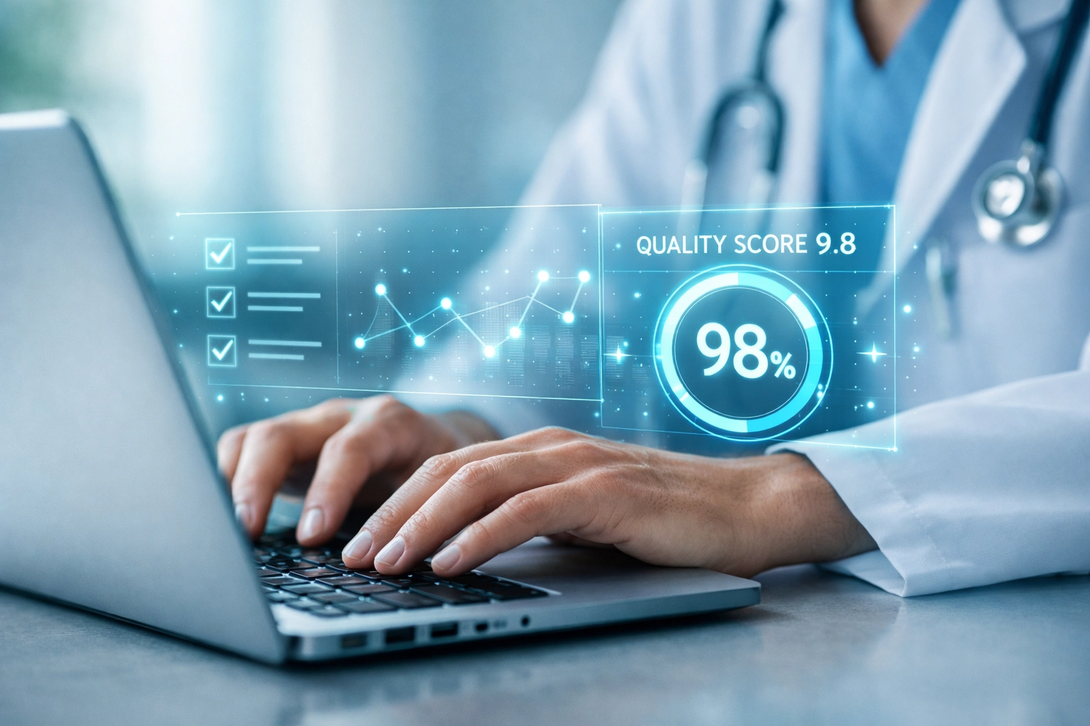 Healthcare provider using AI documentation software with quality score metrics and compliance indicators