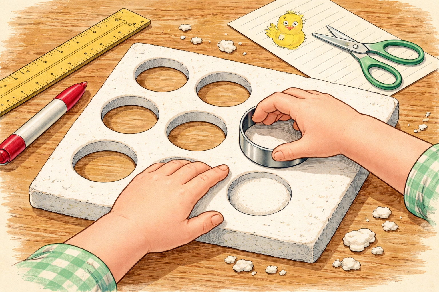 Hands using a cookie cutter to cut planting holes in a foam sheet for a raft garden hydroponic setup