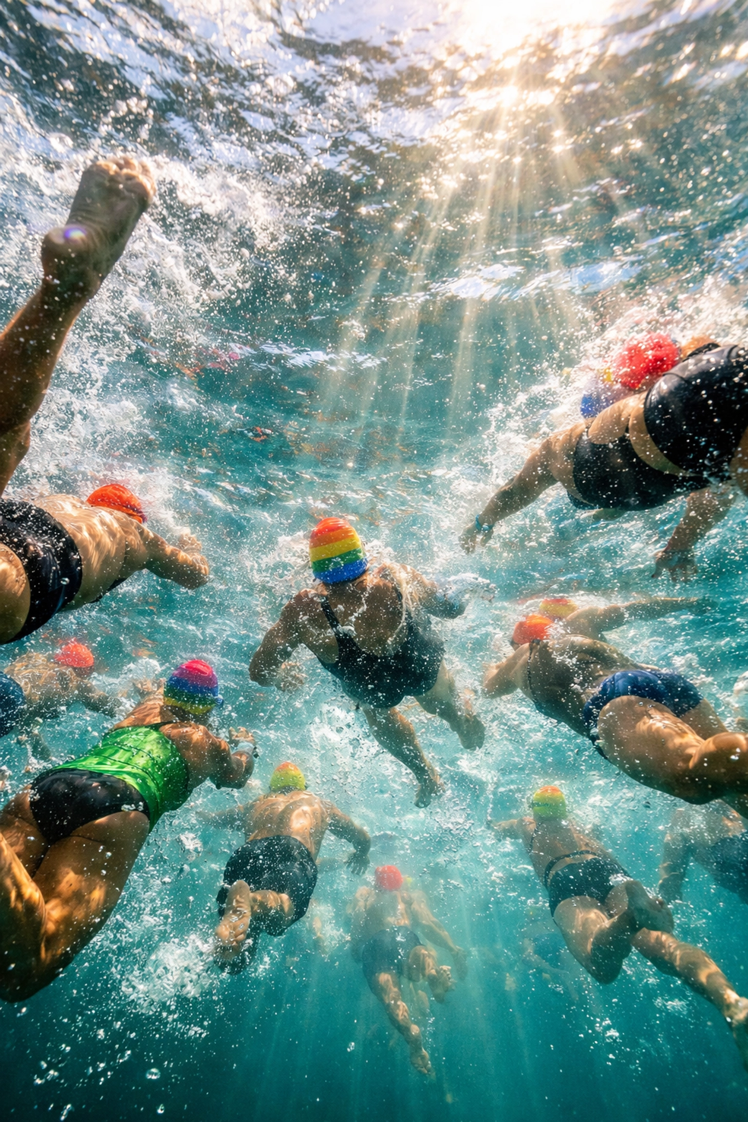 Amsterdam City Swim participants with rainbow caps swimming through historic canals