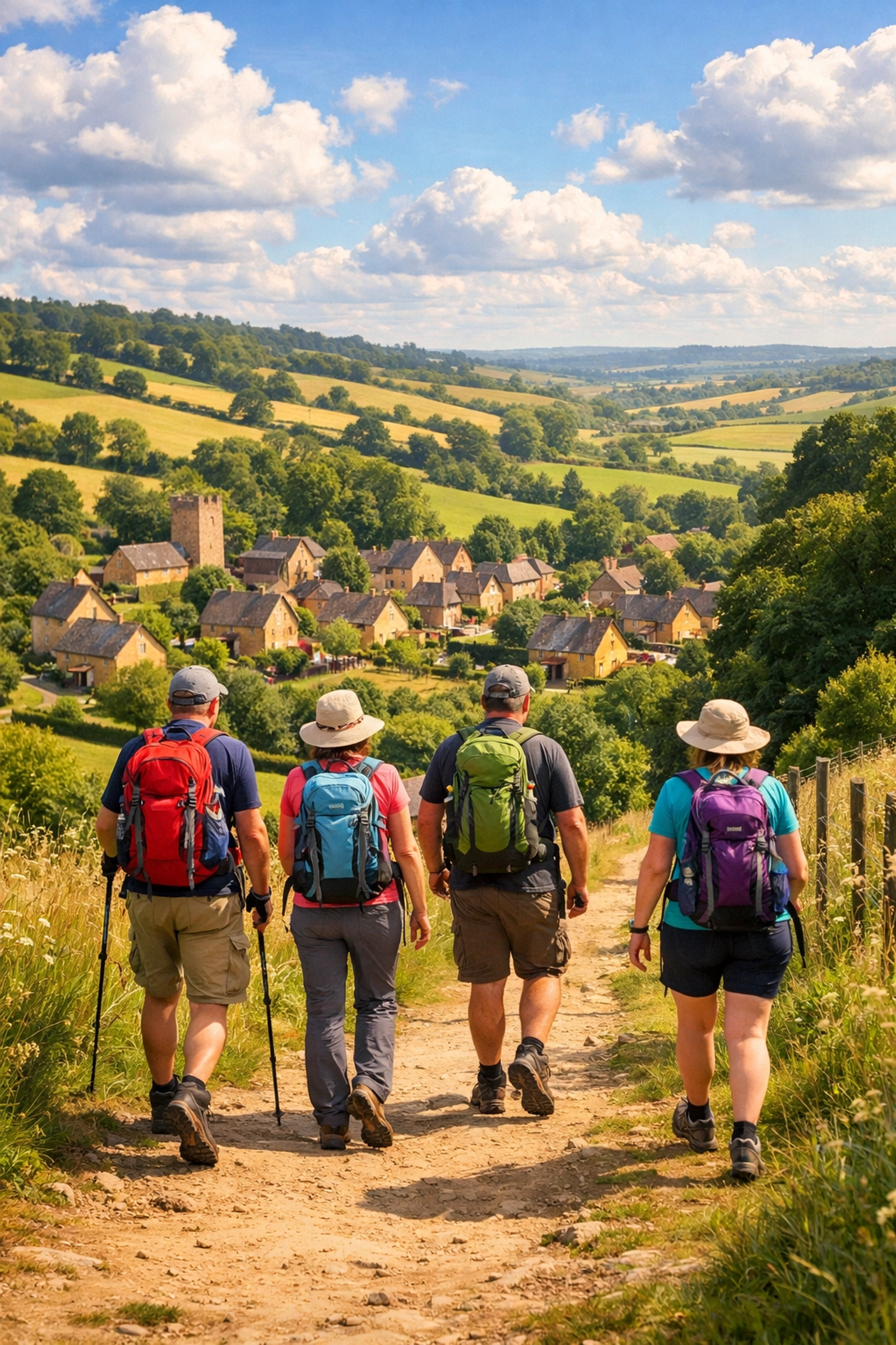Hikers on scenic Cotswolds trail with rolling hills and honey-stone villages