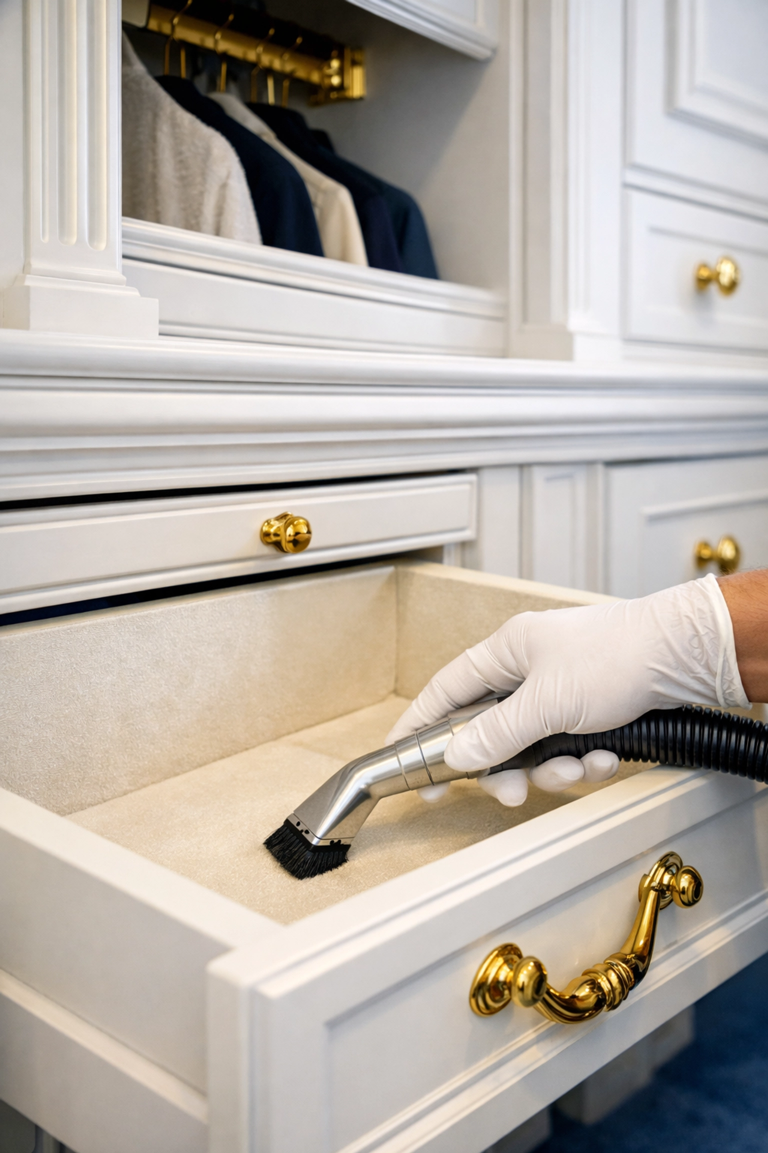 Close-up of detailed dust removal from luxury cabinets during a post construction cleaning Hudson service.