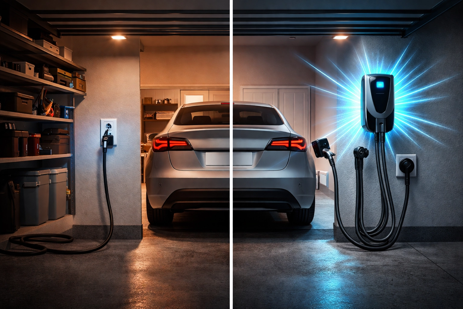 Side-by-side comparison of Level 1 and Level 2 EV charging in an American home garage with NEMA 14-50 outlet.