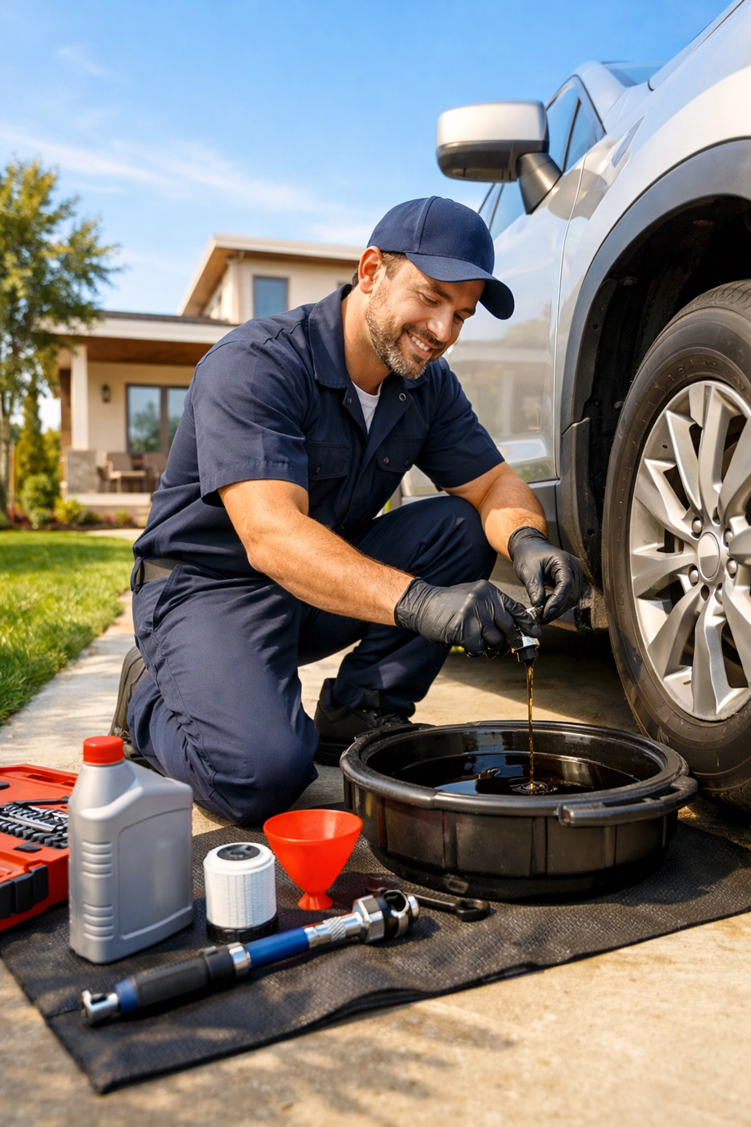 Mobile mechanic performing oil change in Green Bay customer's driveway at home