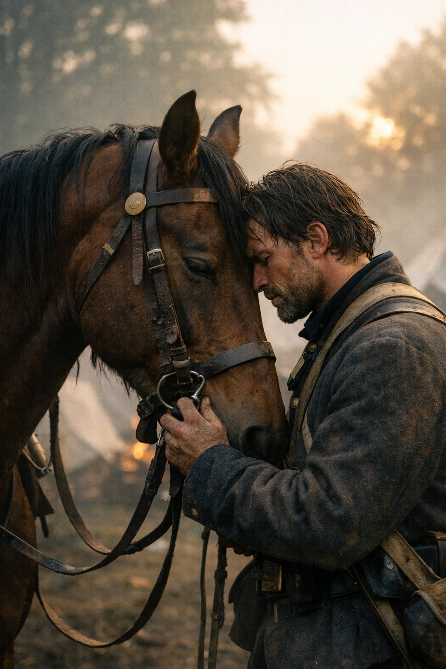 A 19th-century cavalry soldier bonds with his horse in a misty camp, evoking themes of gay historical romance.