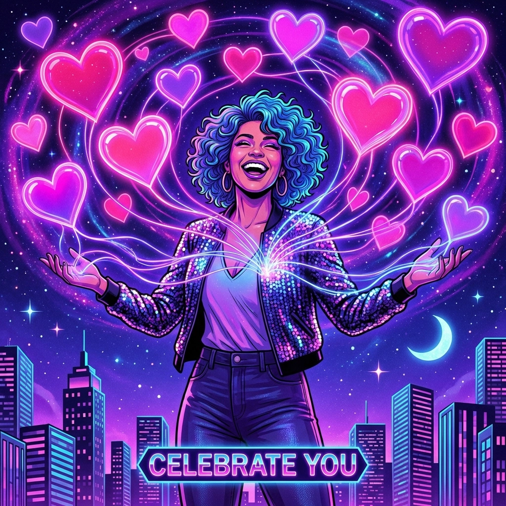 Joyful person surrounded by neon hearts, embodying self-expression and abundance in modern relationships
