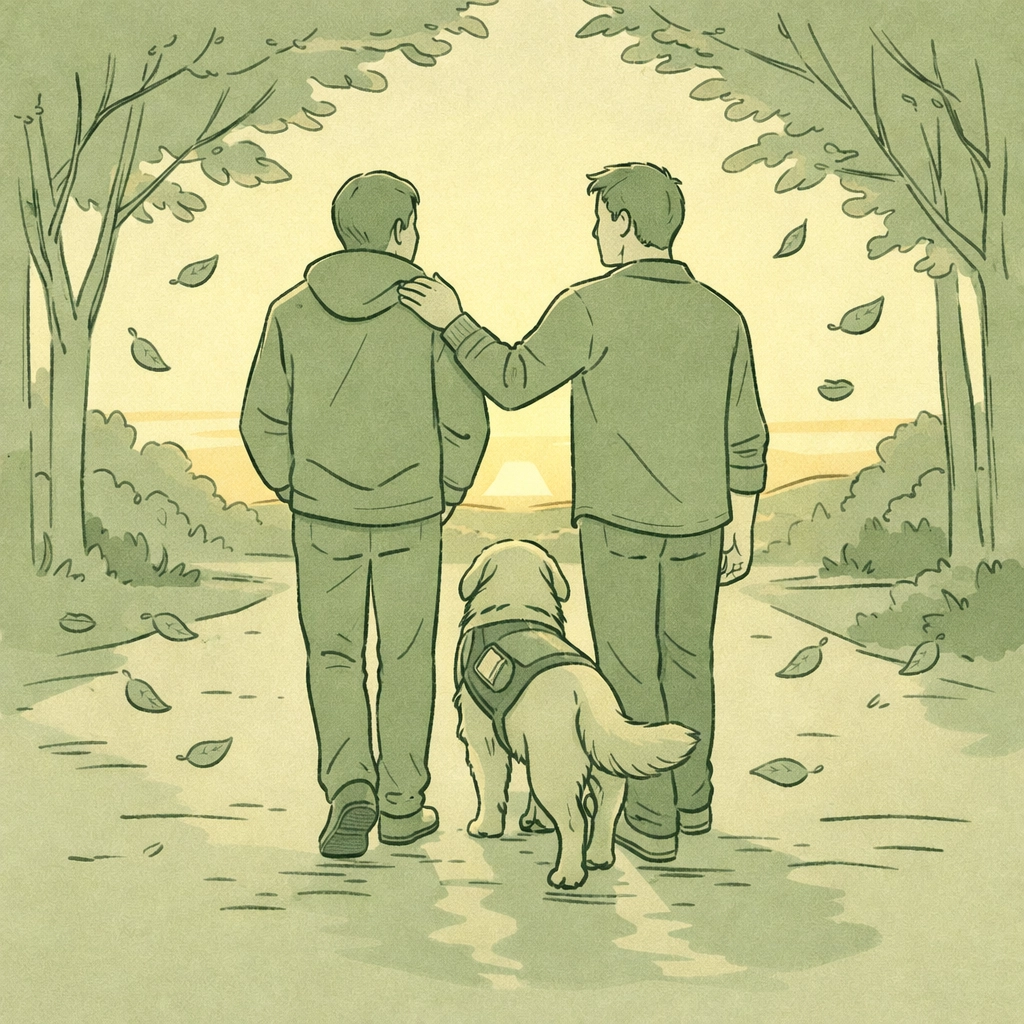 Gay couple walking with Golden Retriever hearing-ear service dog