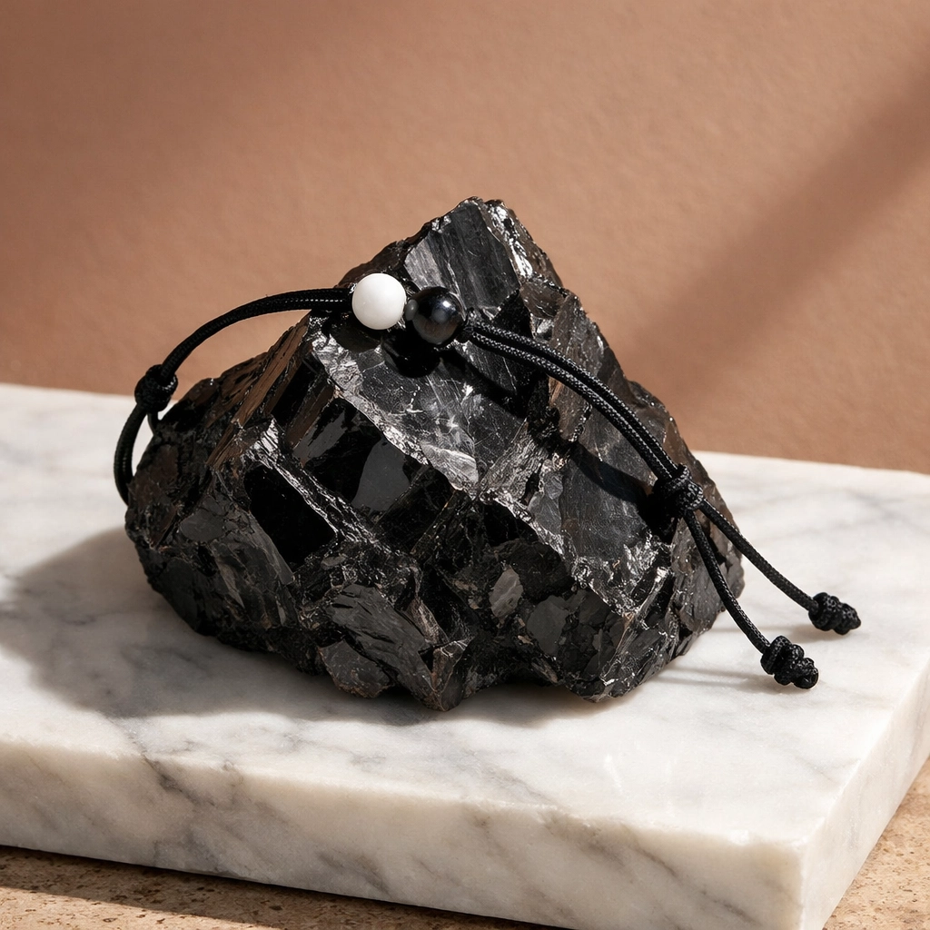 A minimalist highs and lows Earth Band bracelet on black obsidian rock symbolizing life's peaks and valleys.