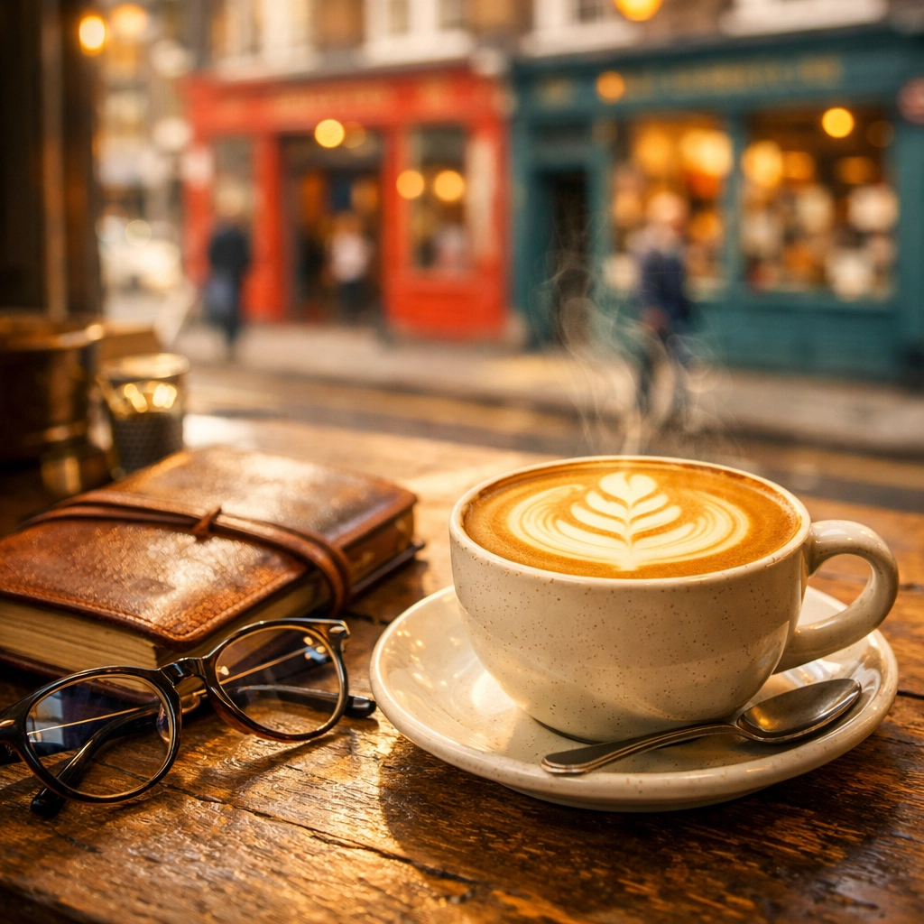 A quiet morning at a Soho cafe, helping travelers adjust to the local London time zone.