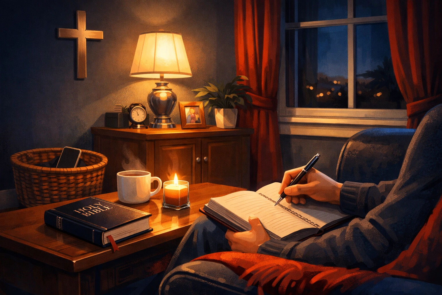Evening routine with journal and Bible while phone is stored away for digital boundaries