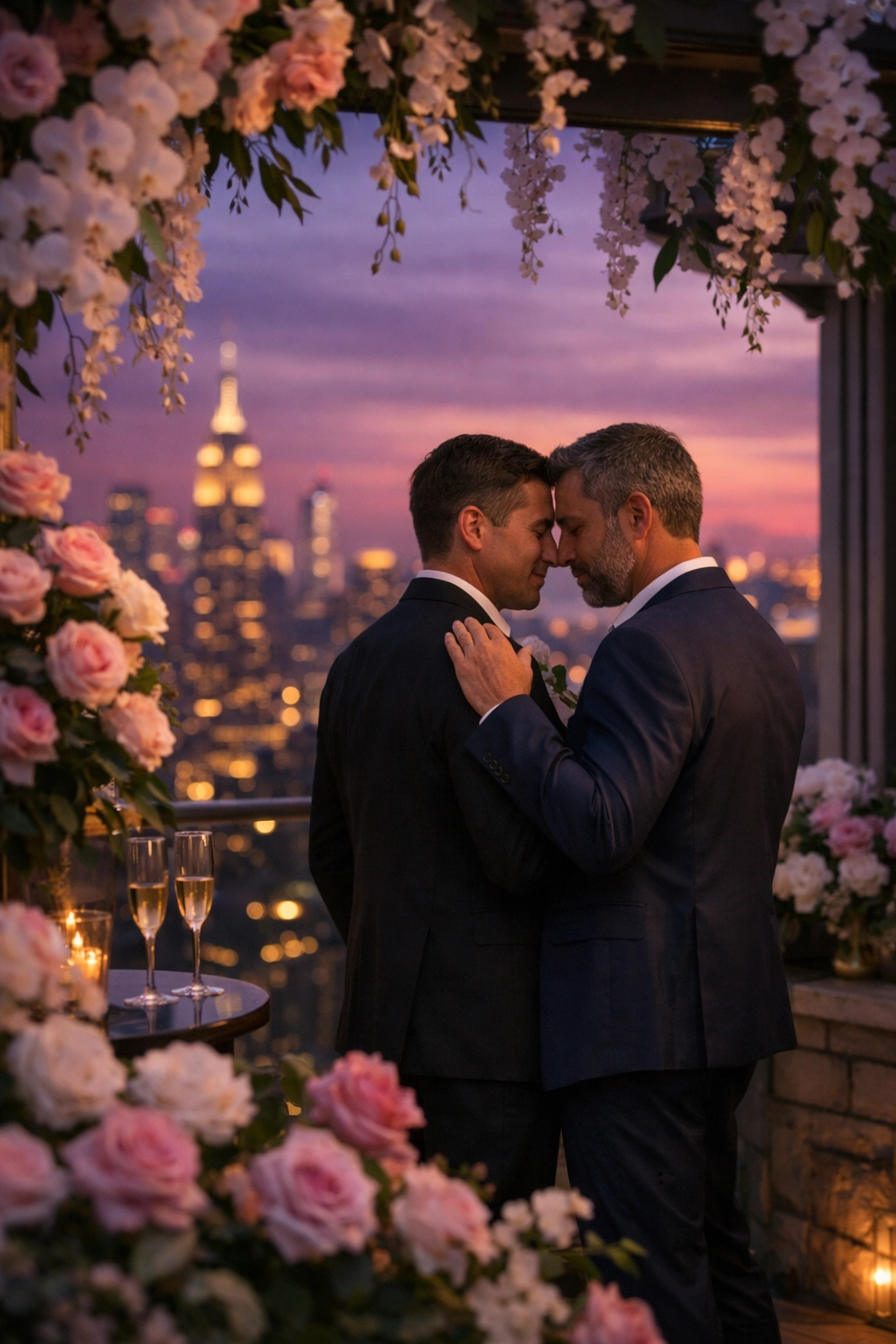 Gay couple sharing intimate moment on penthouse terrace surrounded by orchids and roses at dusk