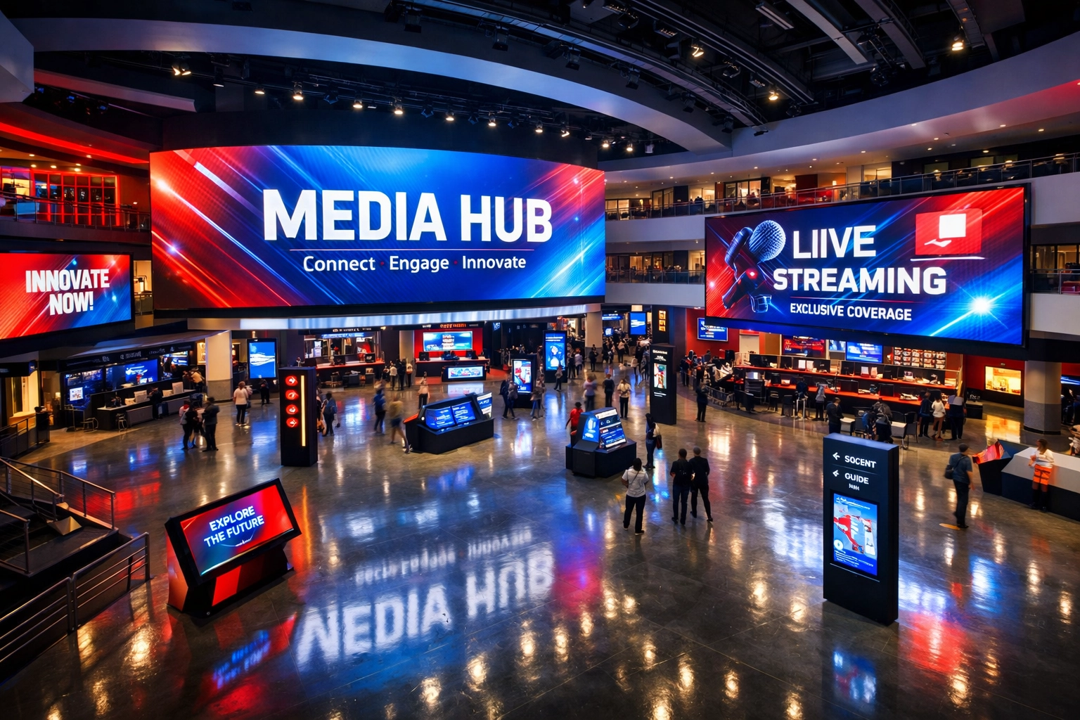 Modern sports arena transformed into branded media venue with LED displays and digital sponsorship integration