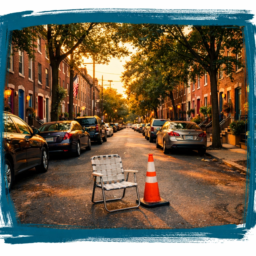 Philadelphia rowhome street with parallel parking and lawn chair saving a parking spot Philadelphia rowhome street with parallel parking and lawn chair saving a parking spot