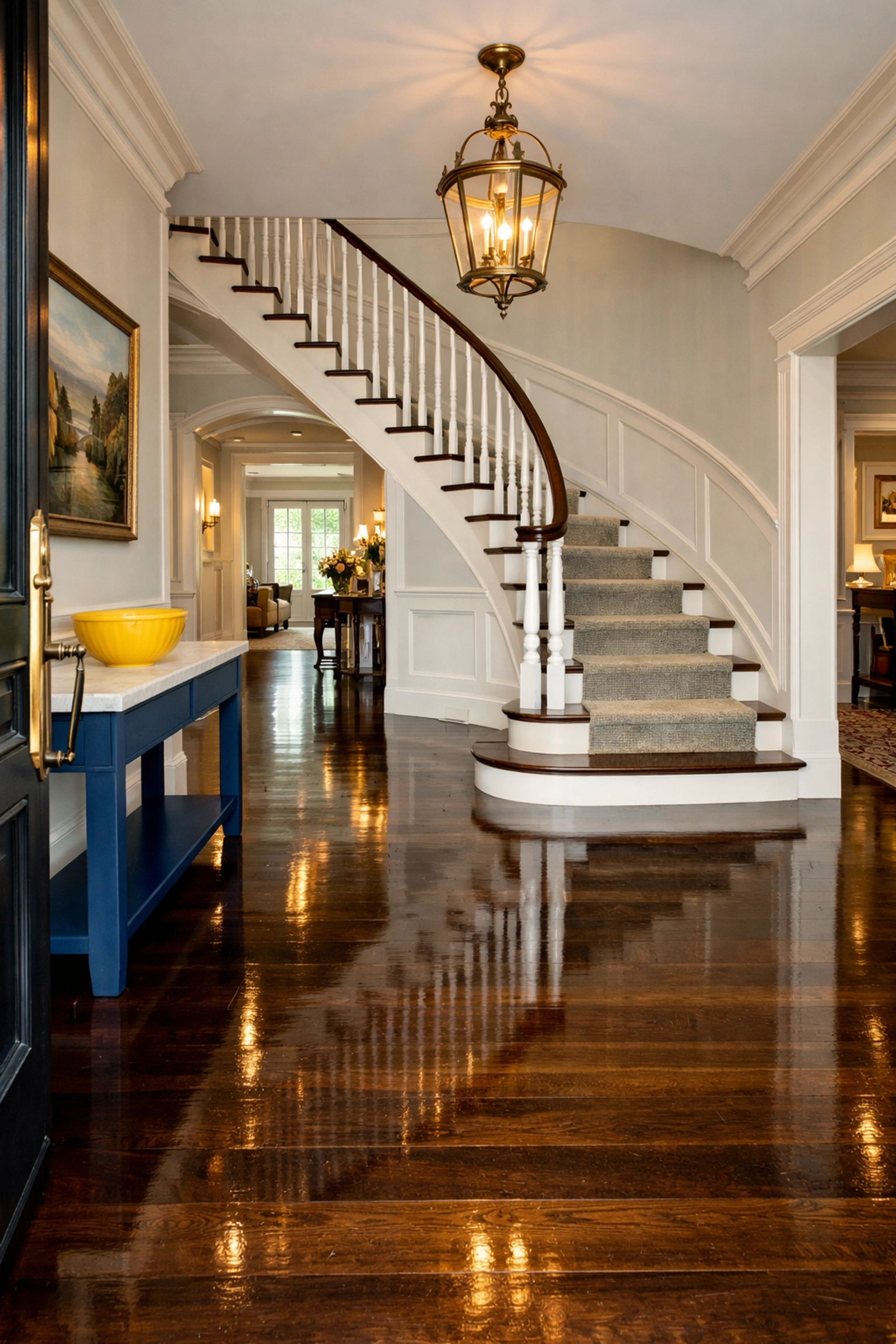 A grand foyer with polished floors representing reliable bi-weekly cleaning in Tewksbury.