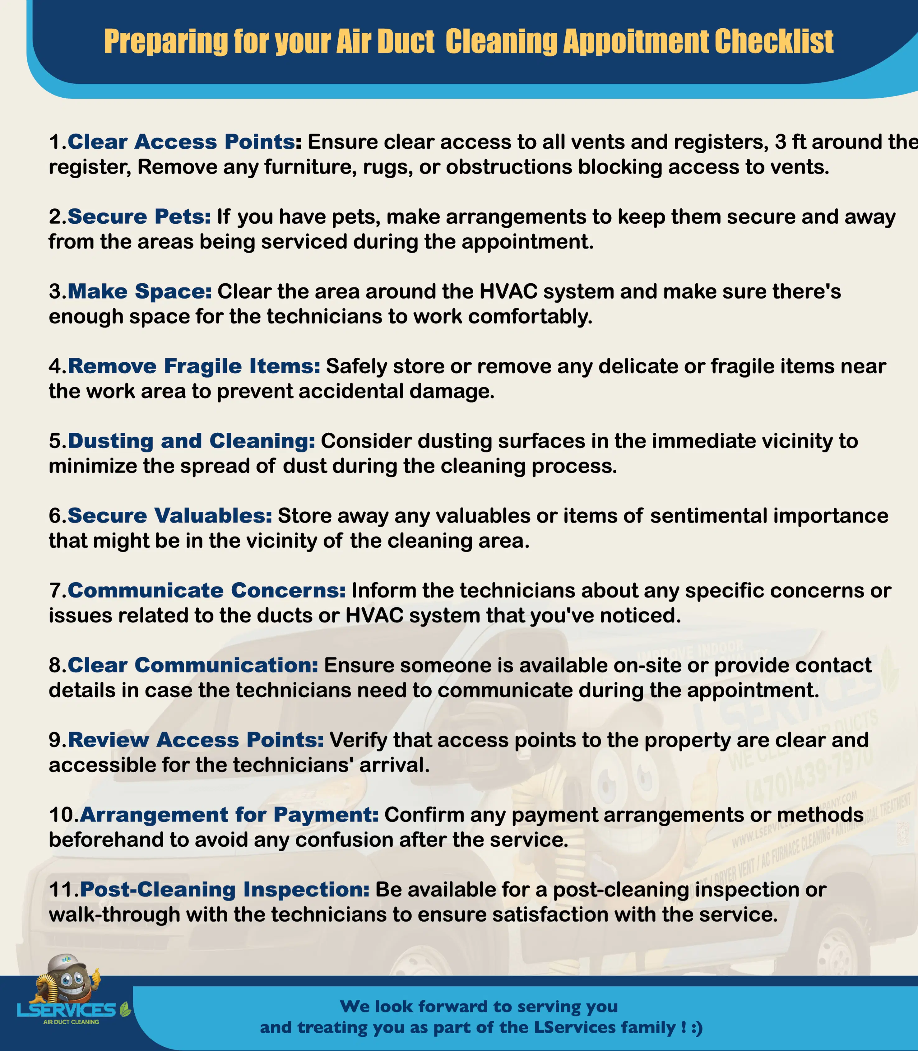 A checklist graphic titled 'Preparing for your Air Duct Cleaning Appointment Checklist'