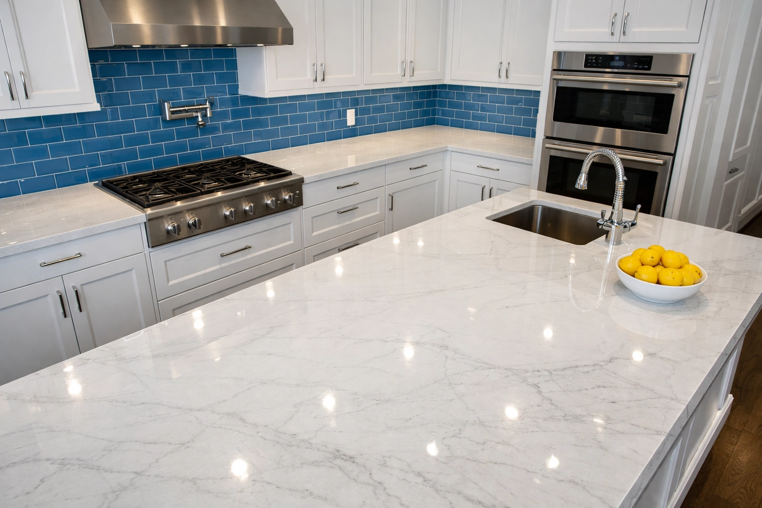 Sanitized gourmet kitchen in Ashby MA with polished marble counters after professional deep cleaning.