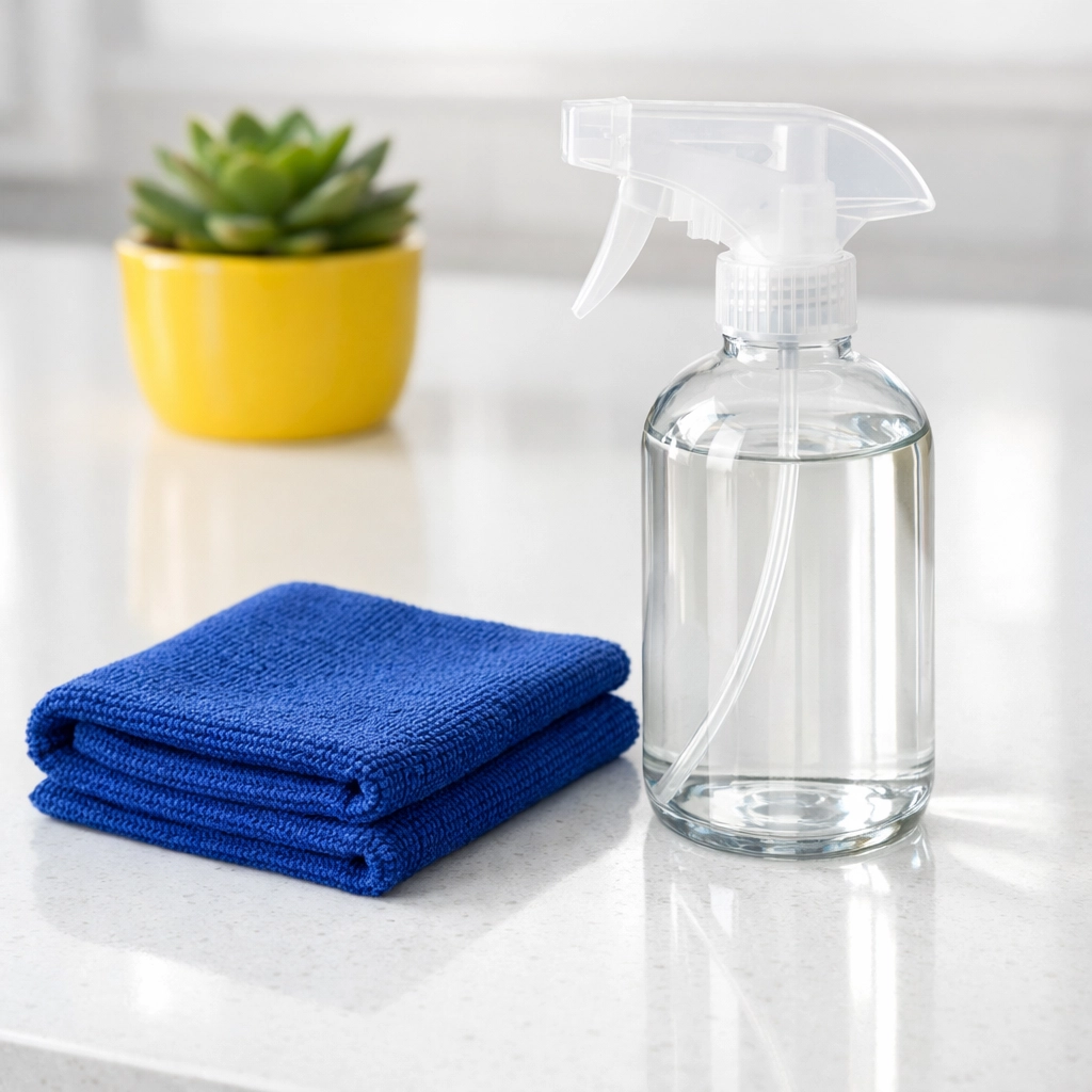 Eco-friendly house cleaning supplies on a pristine quartz kitchen island in Westborough.