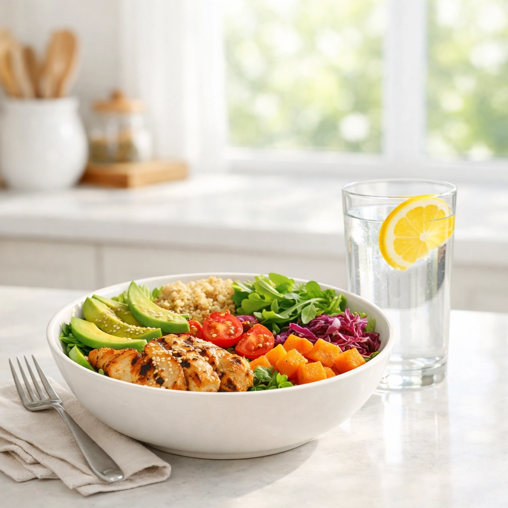 A balanced meal and water on a kitchen island illustrating healthy habits while taking semaglutide.