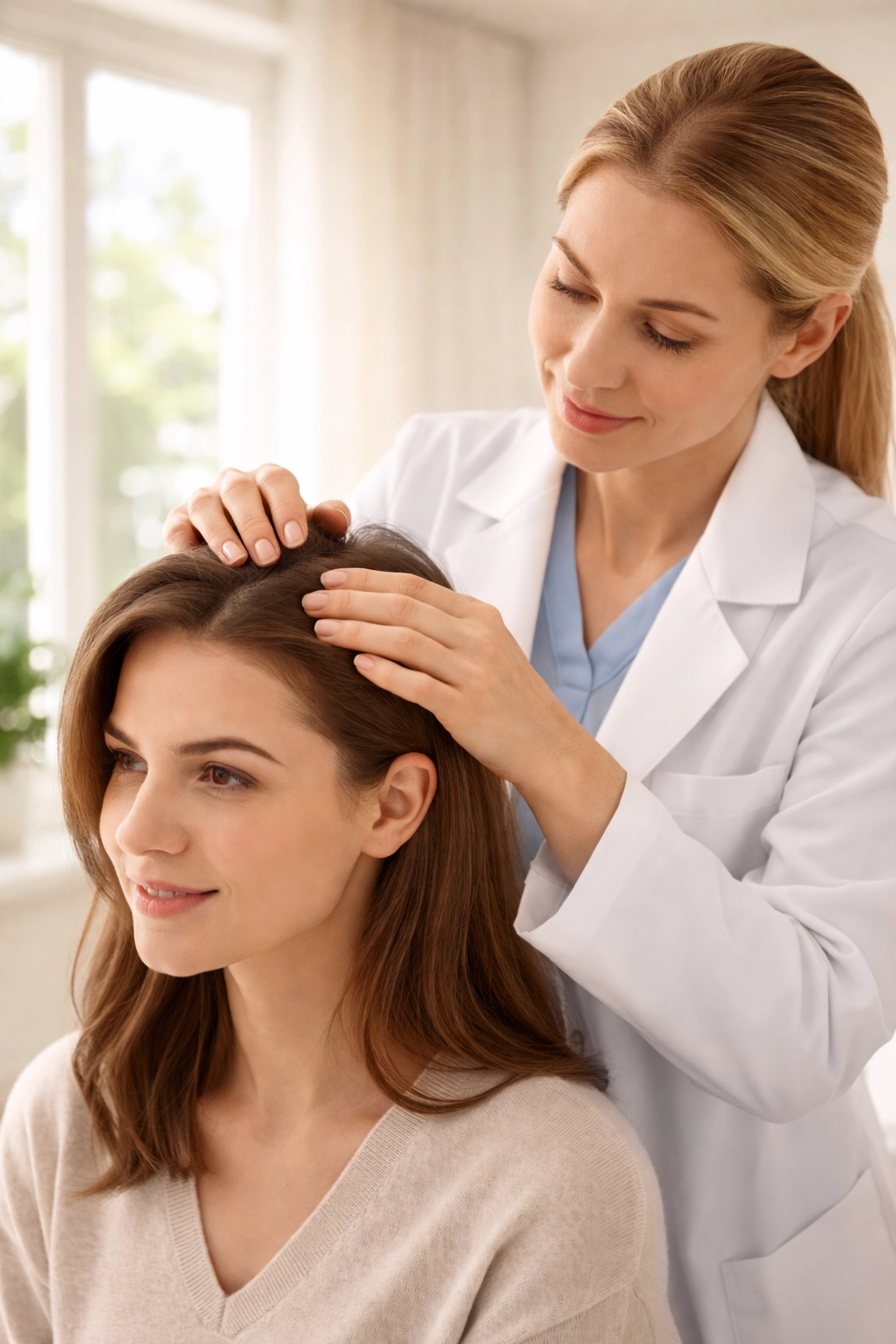Medical provider carefully examining a patient’s scalp at a hair restoration clinic in Albuquerque.