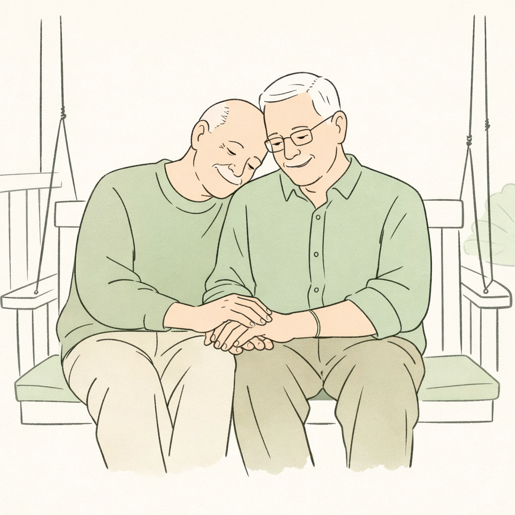 An elderly gay couple sitting on a porch swing holding hands, illustrating late-life love stories.