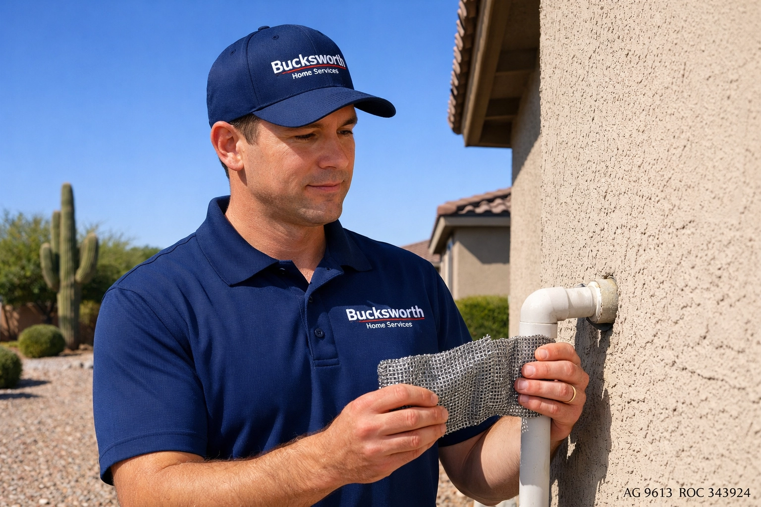 Bucksworth technician sealing home entry points for rodent prevention in Chandler, AZ.