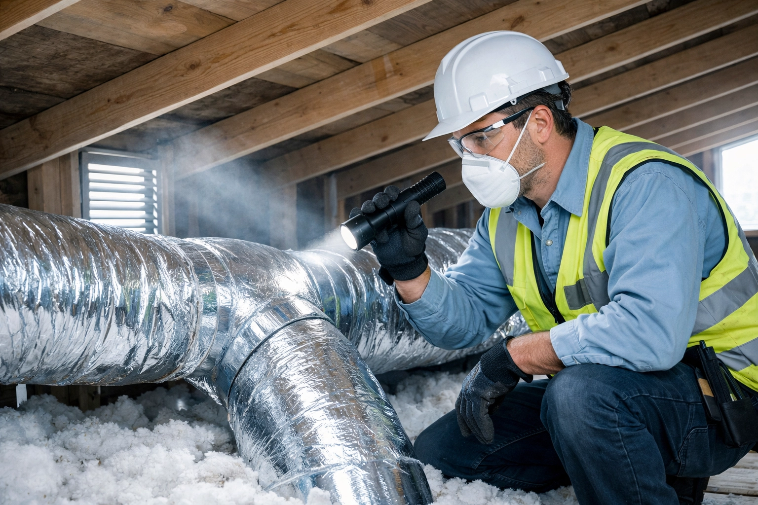 HVAC technician inspecting ductwork in home attic during AC installation assessment