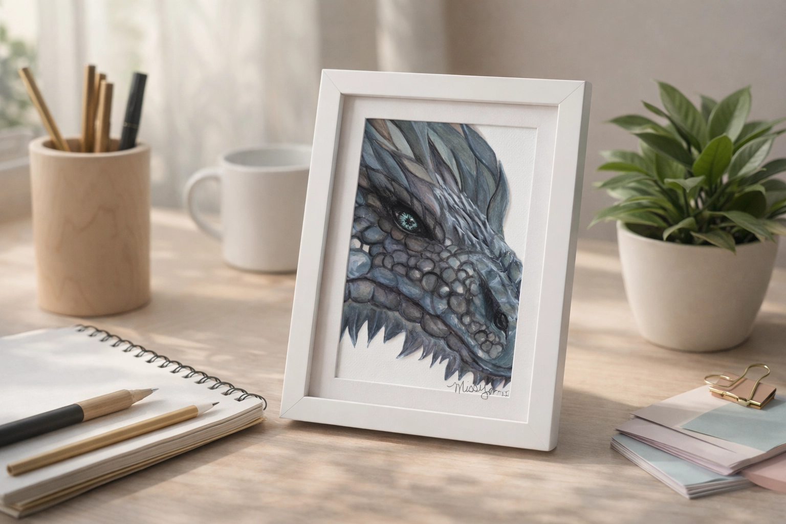 Dragon’s face watercolor print in a desk frame (lifestyle mockup)