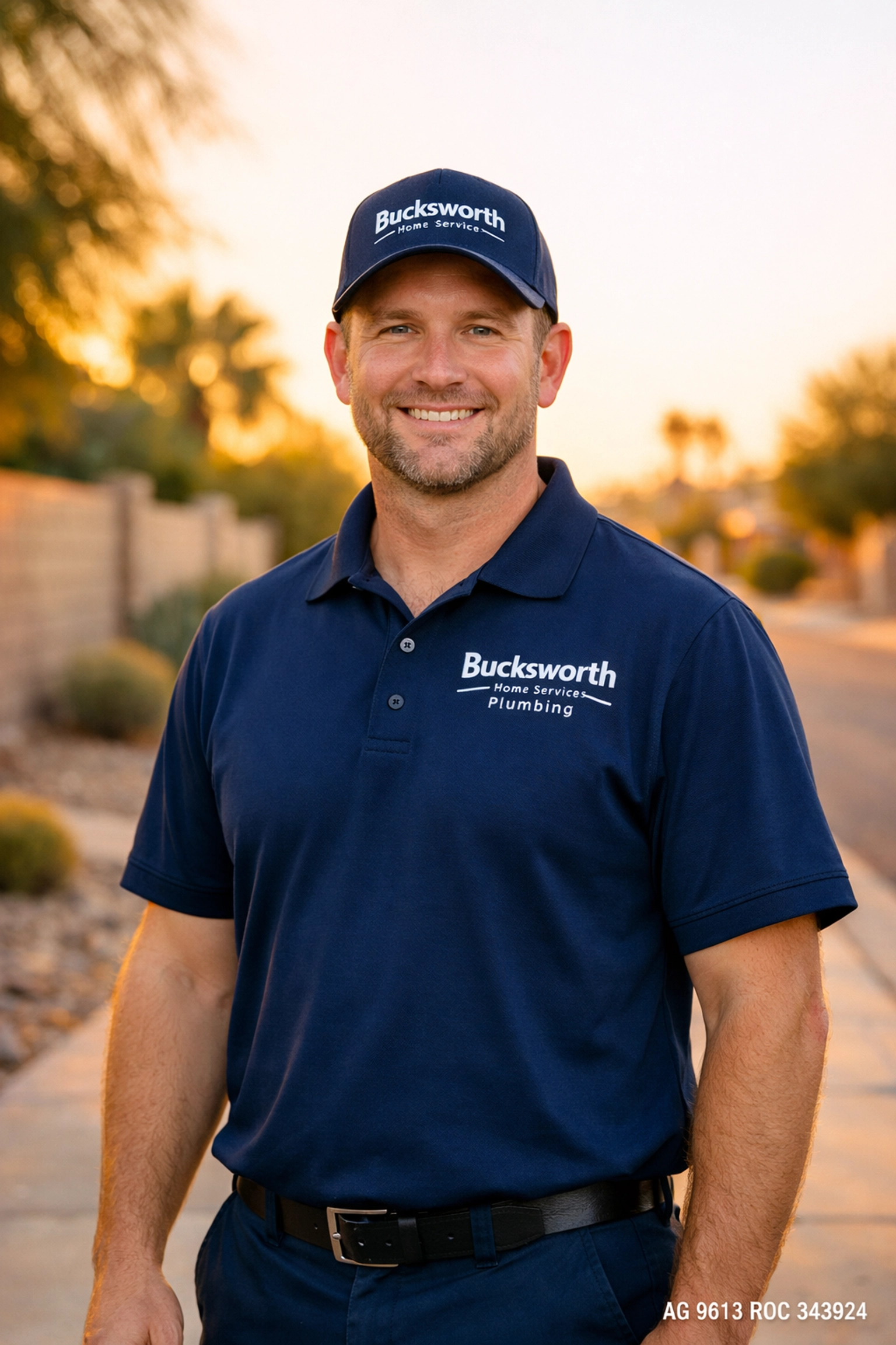 Friendly Bucksworth Home Services plumber standing in a Tempe neighborhood to assist with home repairs.