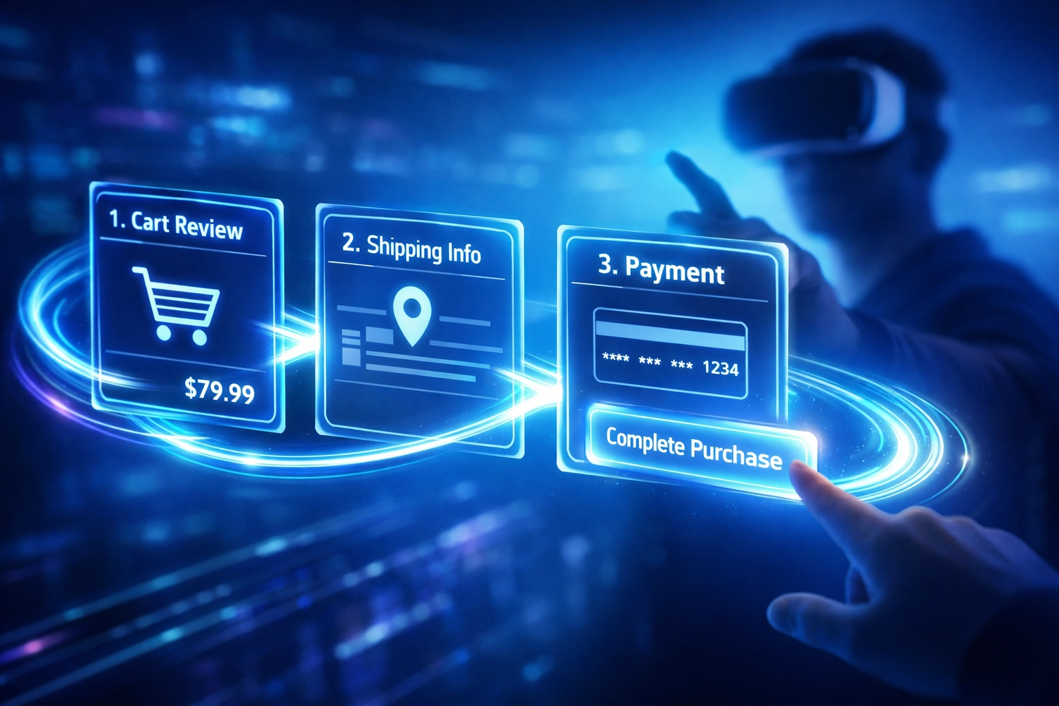 Streamlined VR checkout interface showing 3-step crypto payment process in Larecoin metaverse