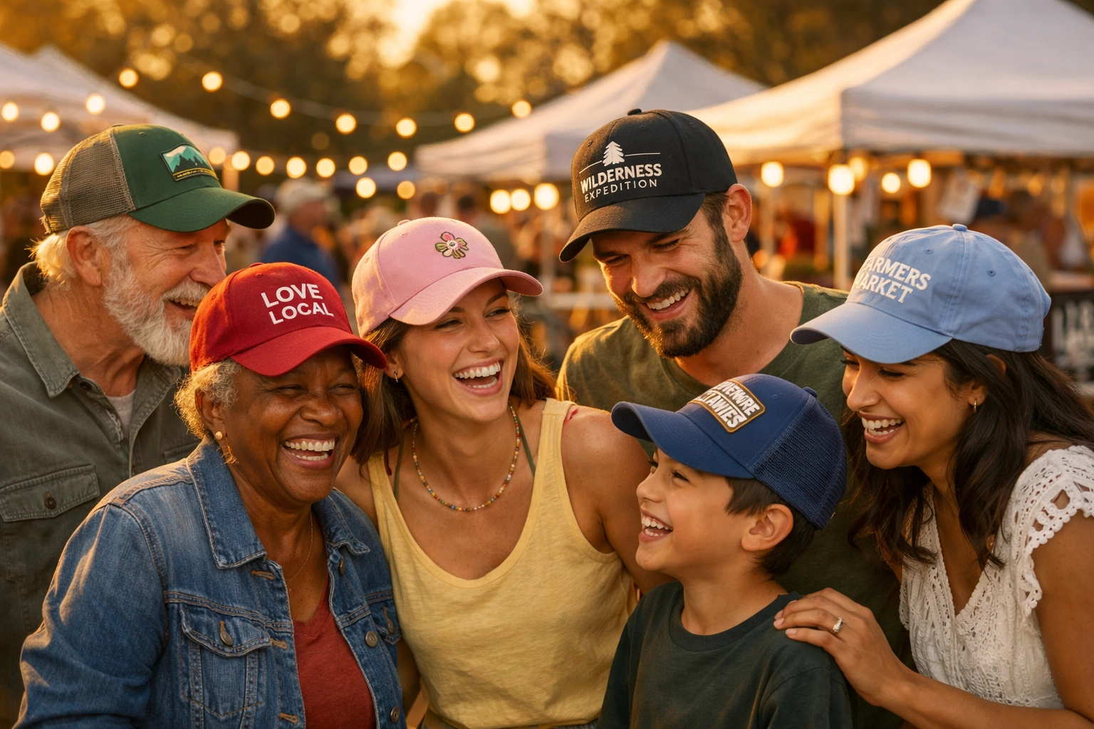 People wearing various branded caps including trucker hats and baseball caps at outdoor community event
