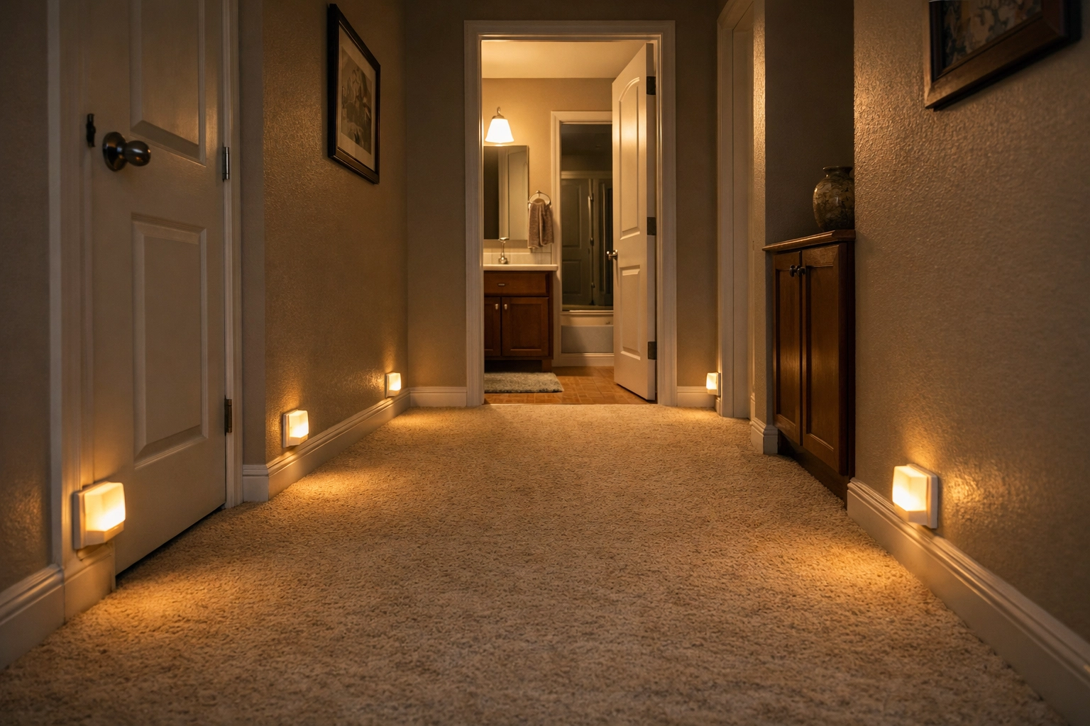 Motion-sensor nightlights illuminating a hallway path for safe nighttime navigation at home.
