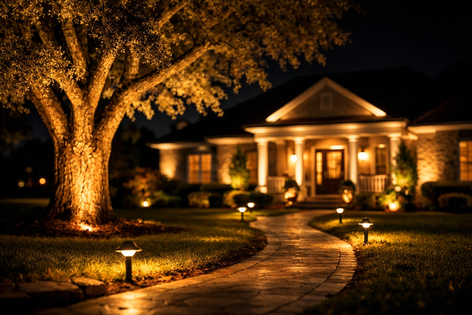 Night-time outdoor lighting demo illuminating home exterior, walkway, and landscaping