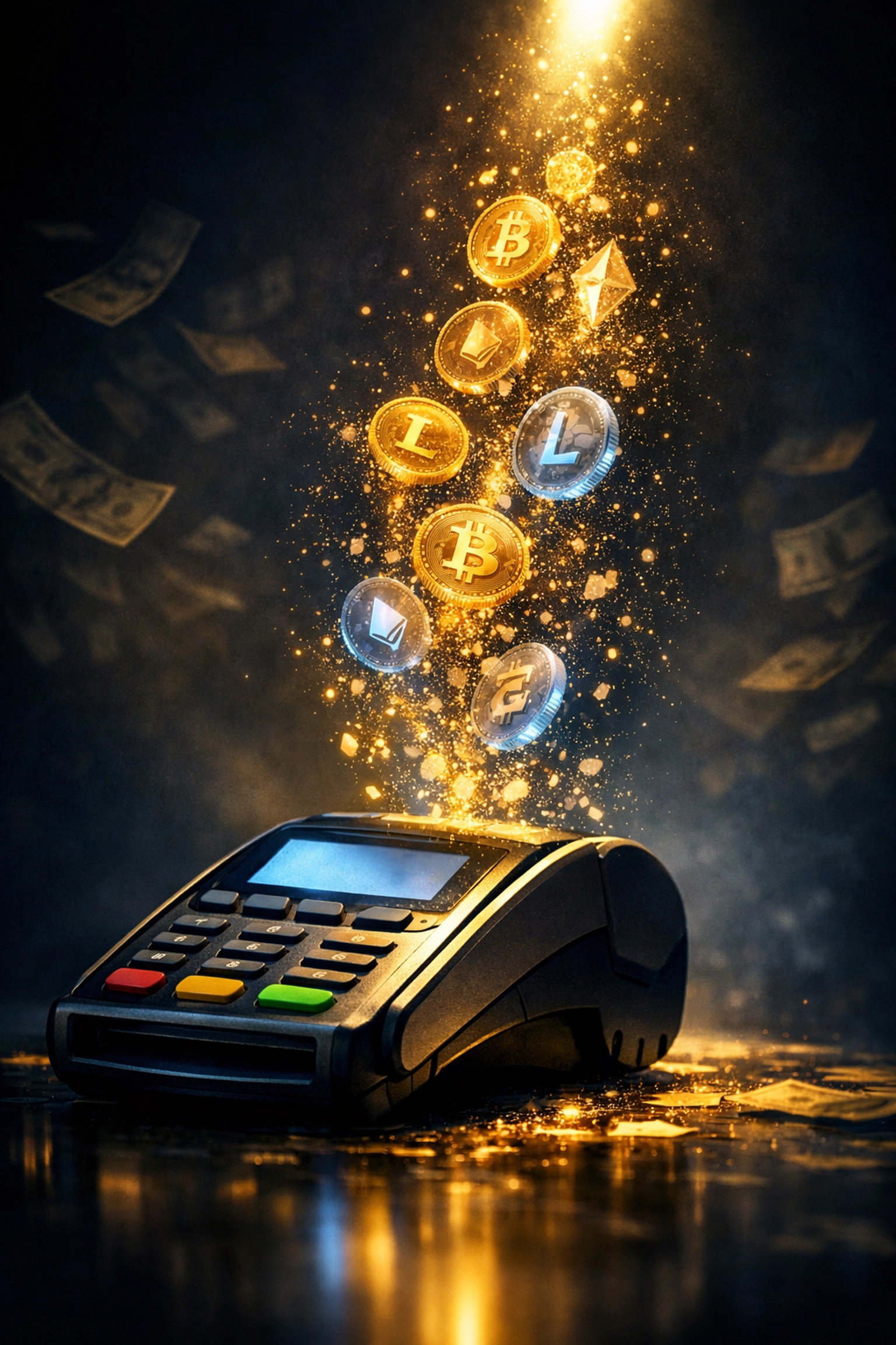 Crypto POS terminal showing wasted processing fees and transaction costs