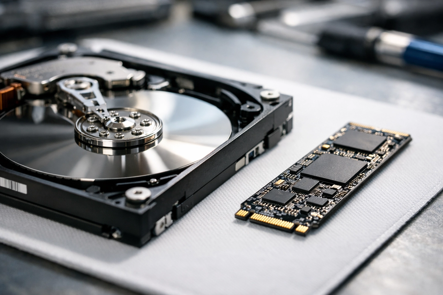 Internal mechanical hard drive and modern SSD on a workbench for professional data recovery in Vacaville.