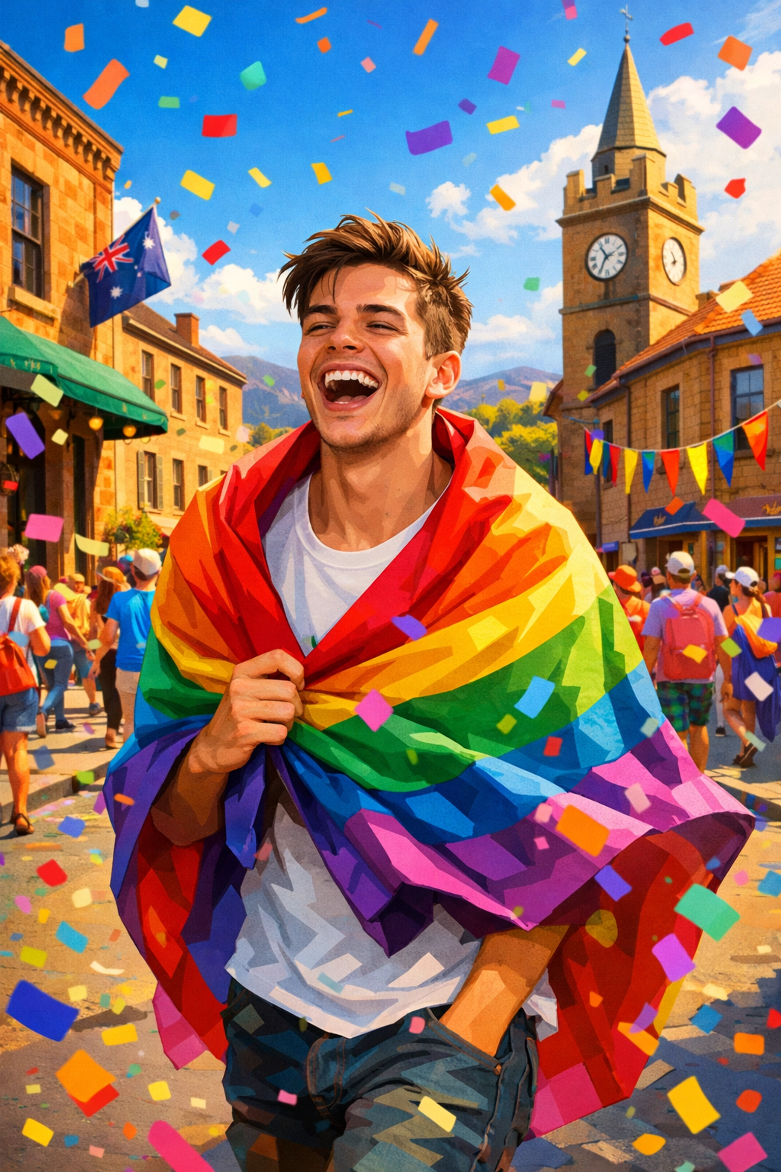 A young man celebrates with a rainbow flag at Tasmania Pride, marking the transition to the Pride State.
