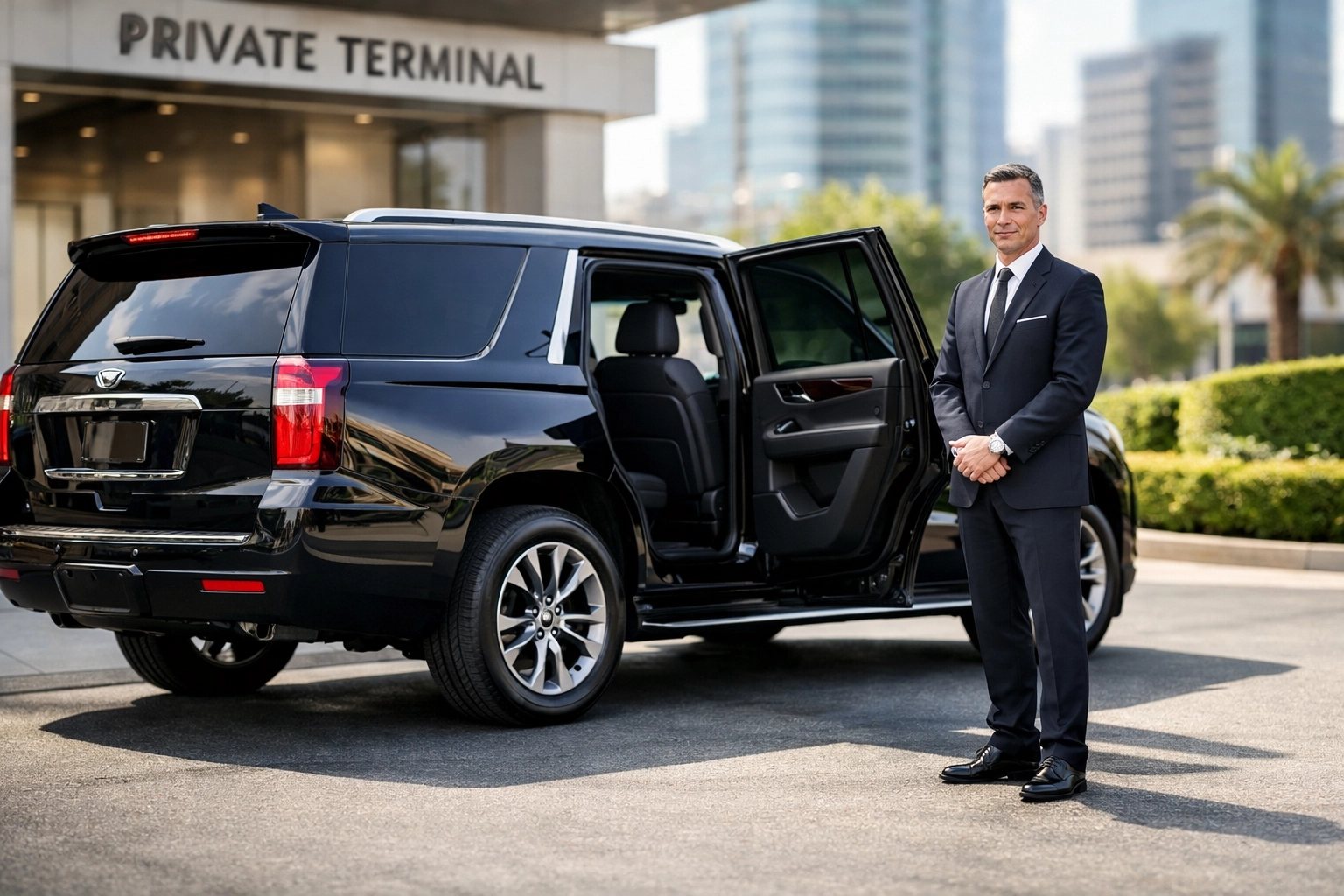 Professional chauffeur with a luxury black SUV providing reliable corporate ground transportation for elite events.