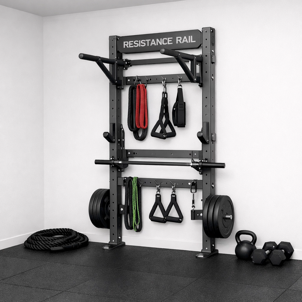 Versatile home gym setup with the Resistance Rail system and bands for calisthenics training.