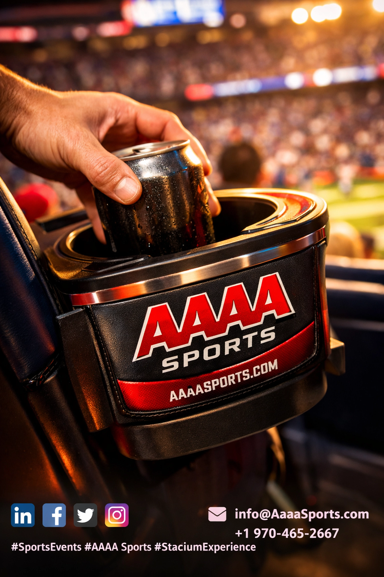 Fan reaching for beverage in branded stadium cup holder during Super Bowl game