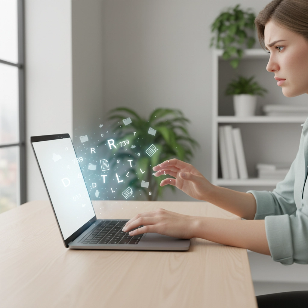 a woman using a laptop with data jargon erupting from the screen