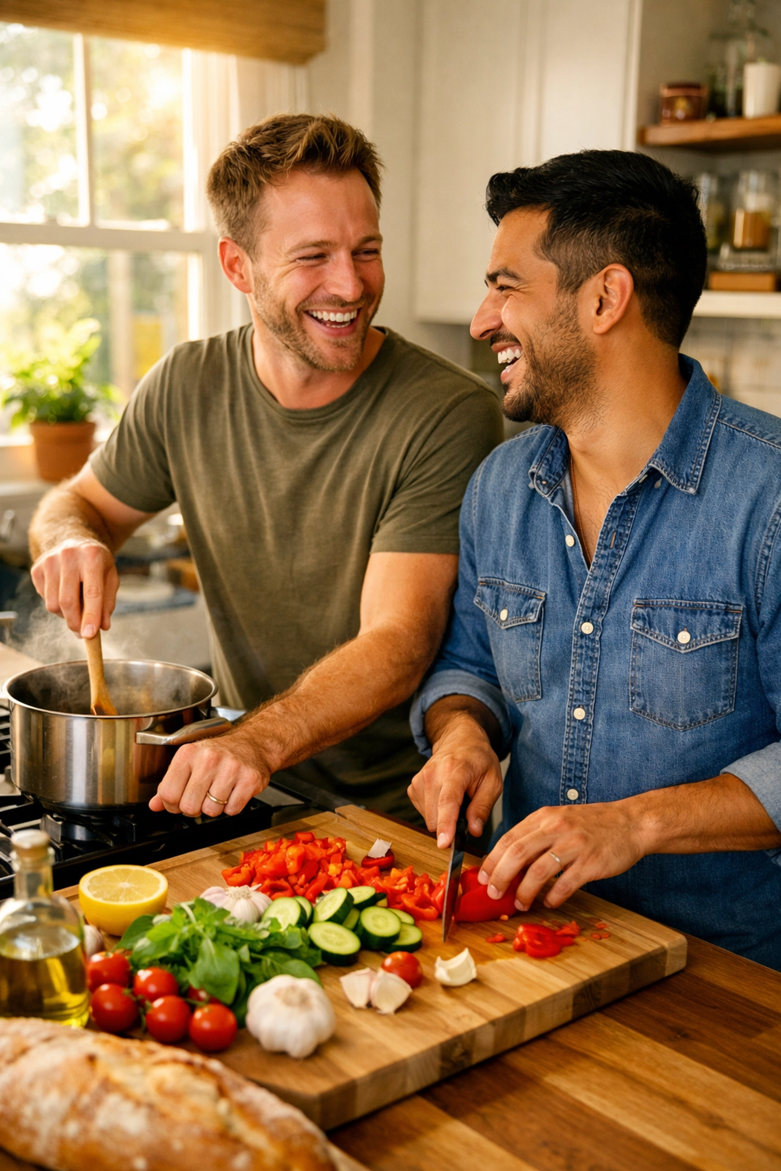 Two men cooking together in kitchen - cozy winter date activity for gay couples