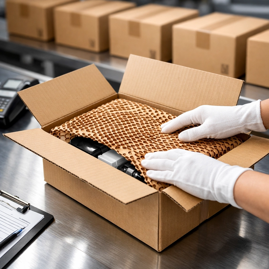 Quality control specialist packing high-value inventory with sustainable materials for order accuracy.