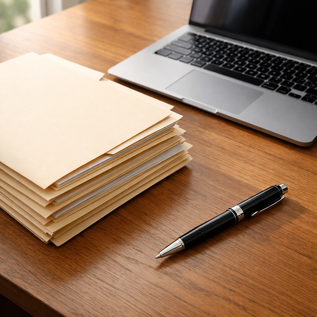 Organized office desk with folders representing workers comp documentation and modified duty records.