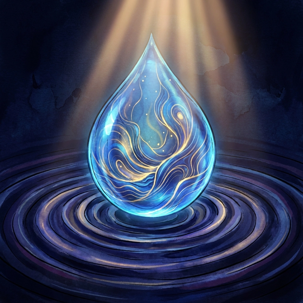 Artistic image of a large water droplet with swirling sound frequencies, symbolizing sound as nourishing food for the senses.