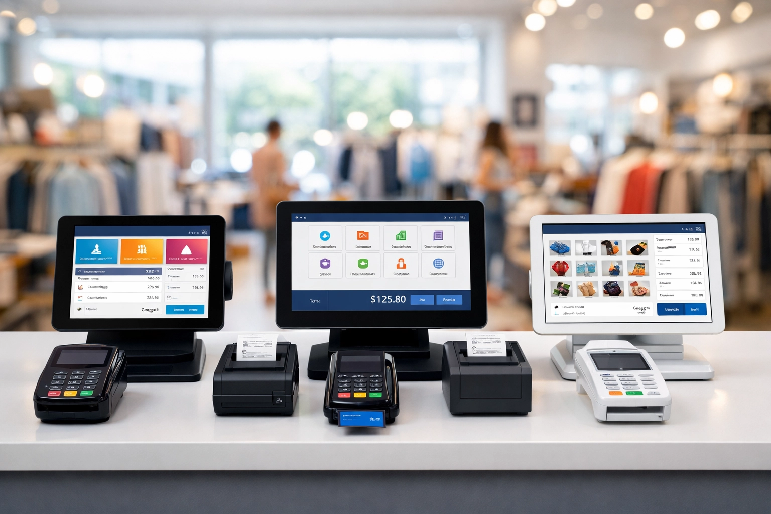 Three retail POS systems compared side-by-side in modern store showing Shopify, EPOS Now, and SumUp