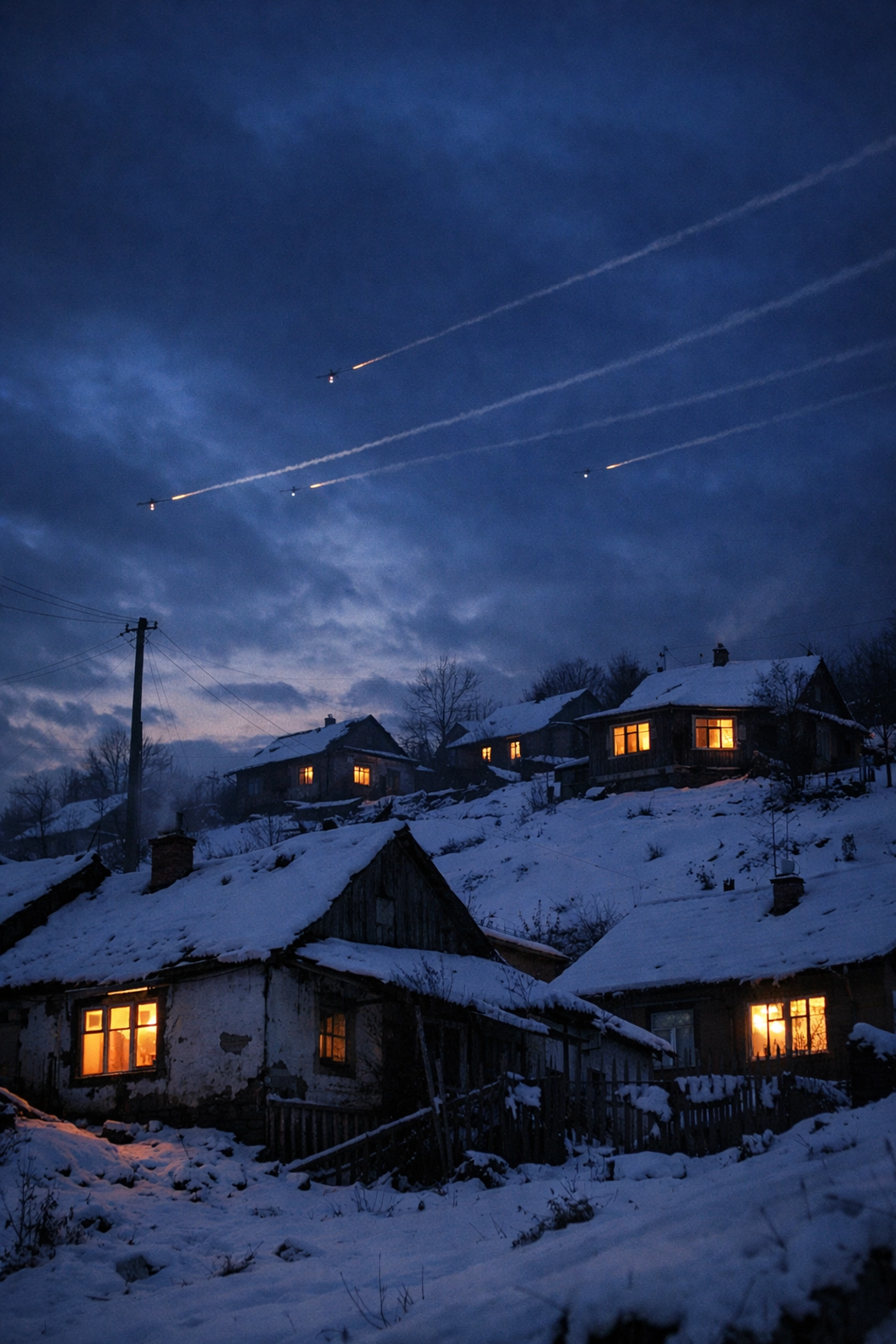 Ukrainian village at dusk showing impact of Eastern Europe conflict
