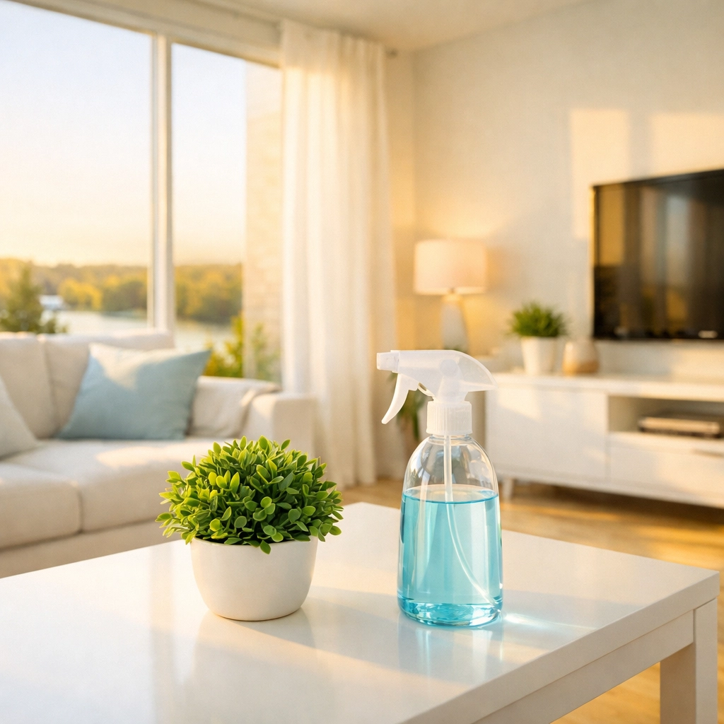 Green house cleaning Lowell MA using eco-friendly products in a sunlit modern living room.